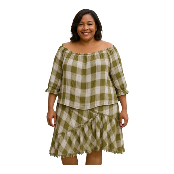 Chic Cato Plus Size Green and White Plaid Midi Skirt Top Blouse 22W 24W - Picture 1 of 6